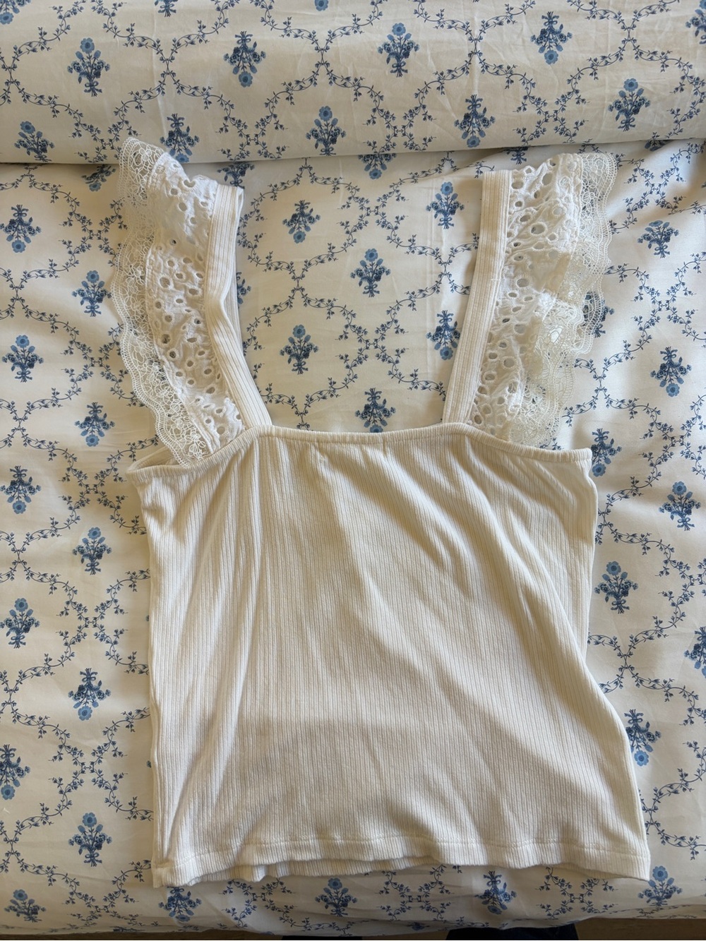 Lace Strap Ribbed Tank Top - White - Picture 3 of 4